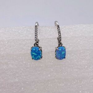 Vtg Sterling Blue Opal & Cubic Zirconia French Back Earrings FZN 925 / .9” L
